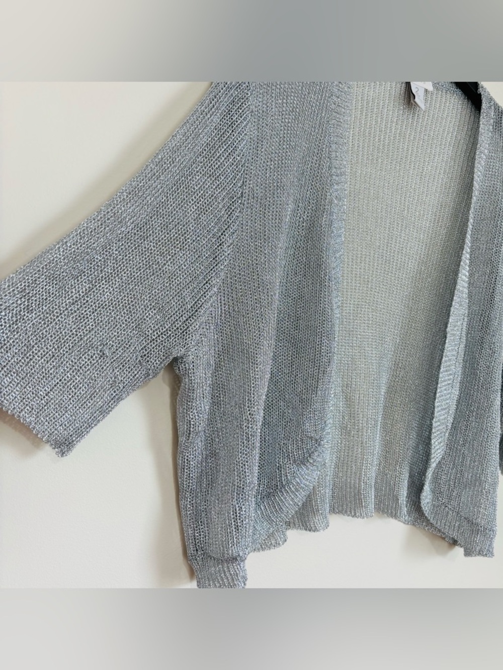 Chico's preppy slouchy silver metallic open front short sleeve crop cardigan L - Picture 4 of 15